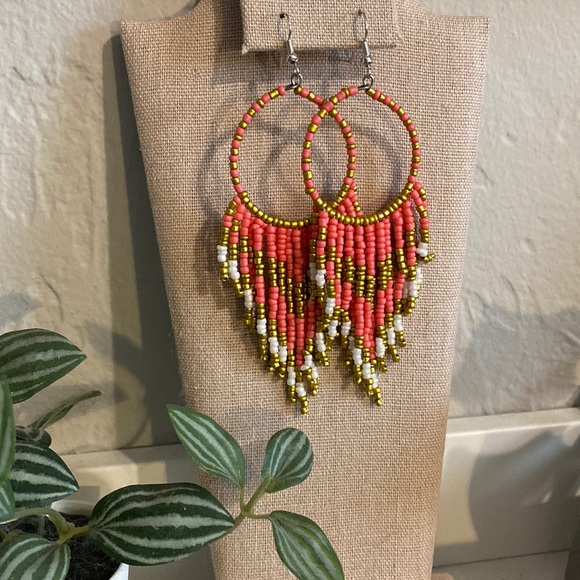 New Coral and Gold beaded long earrings - Misty - Picture 1 of 6